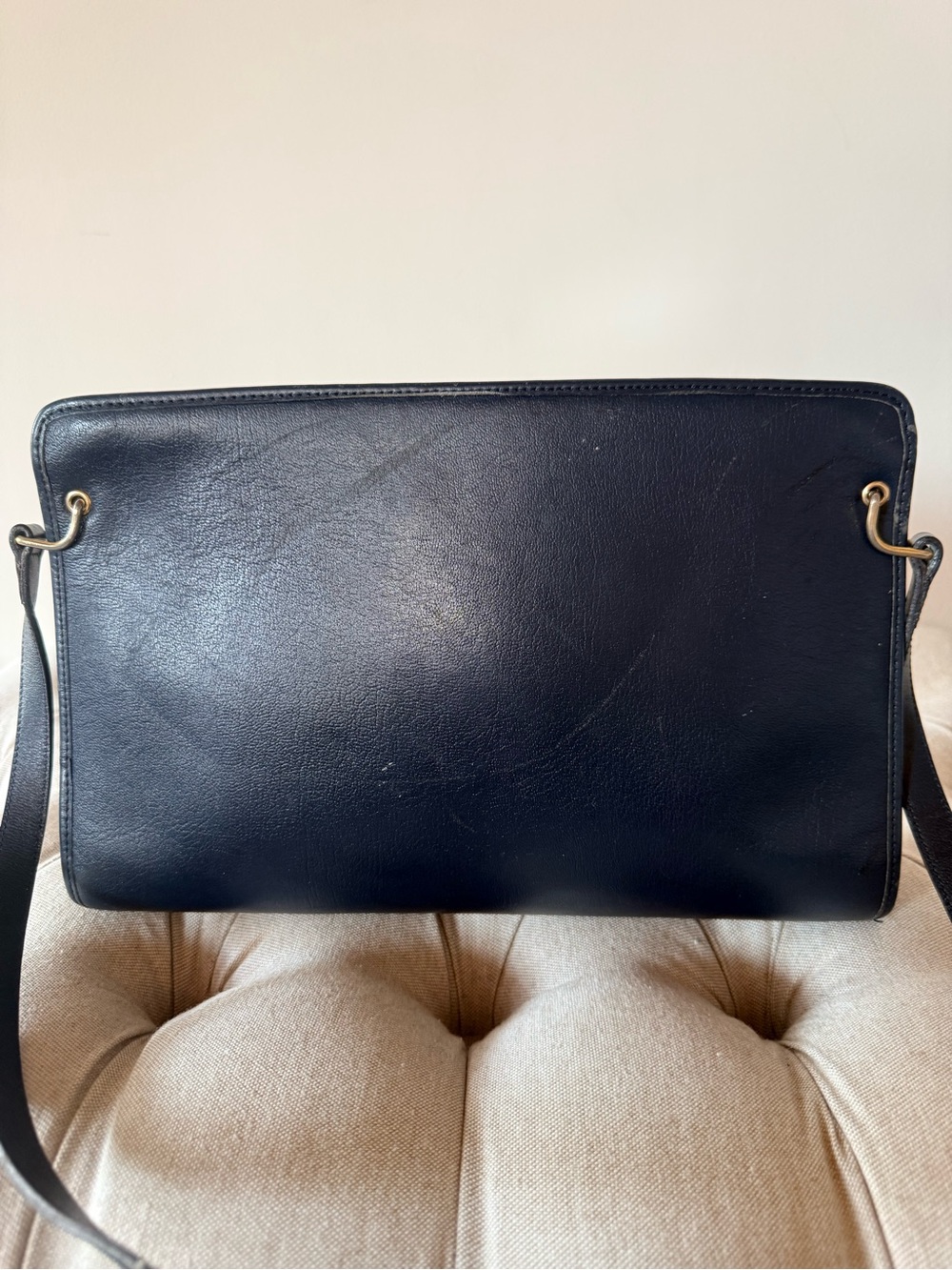 Vintage Christian Dior Navy Leather Shoulder Bag Clutch 1970s Plaque Logo - Picture 3 of 15